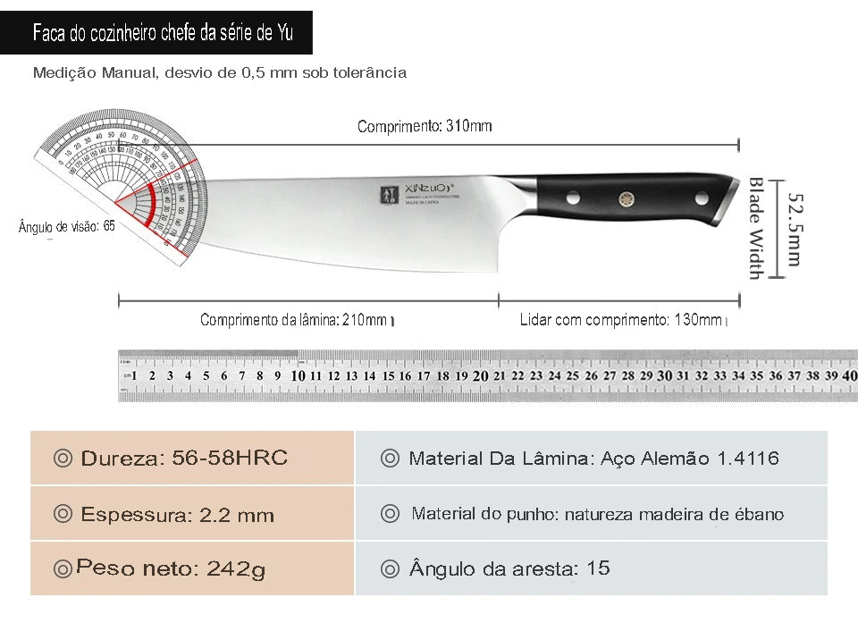 Faca chef 8” Acabamento aço inoxidável alemão